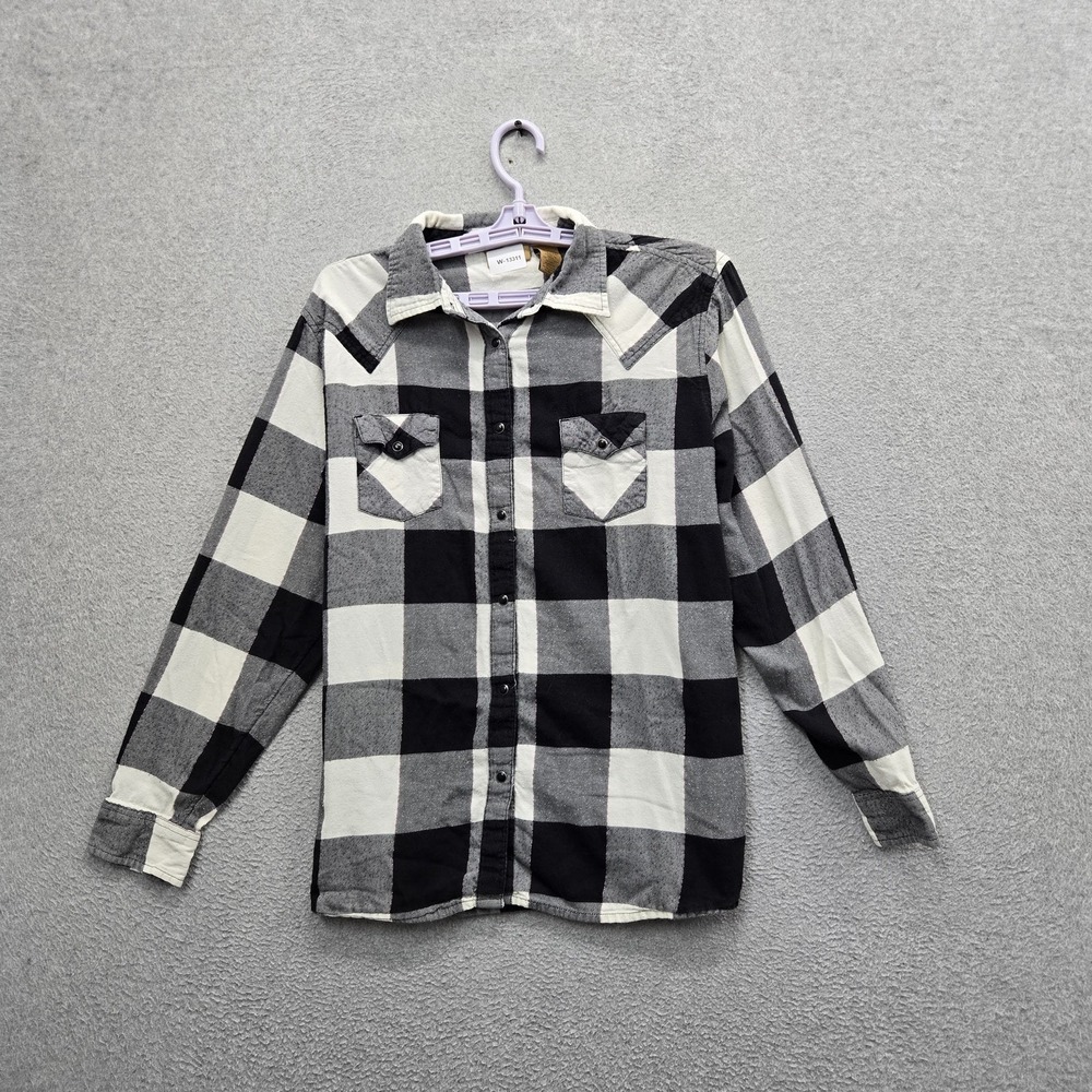 Wrangler Women Button Up Shirt XL Black Plaid Western Logo Long Sleeve Flannel